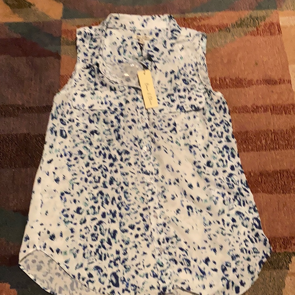 Blue/White Polyester Button Up Top